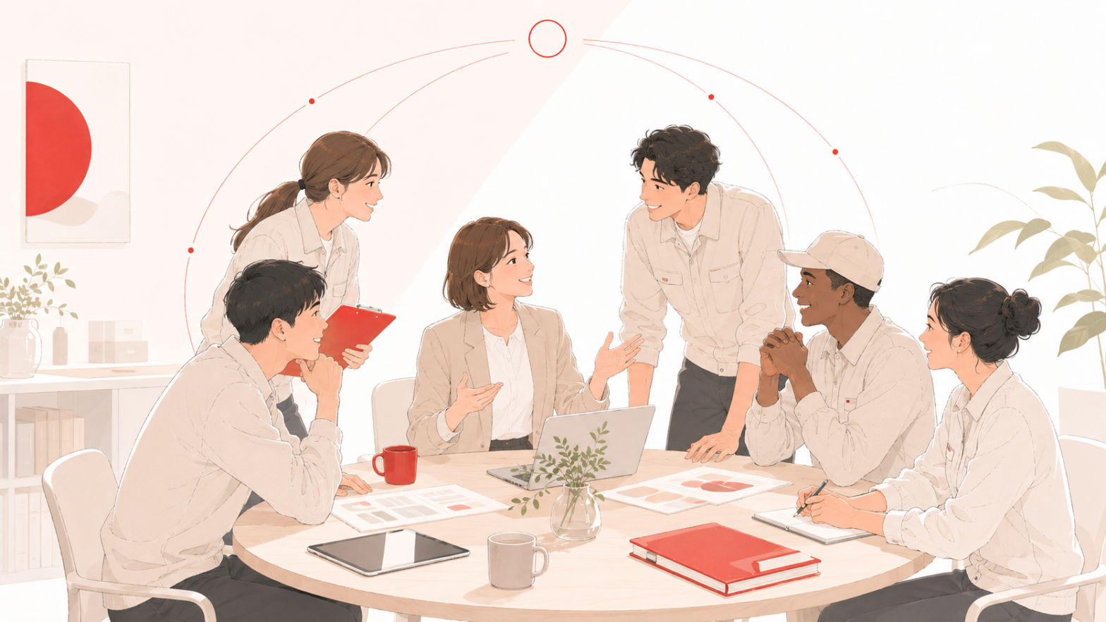 人事と現場社員が輪になって協力し一緒に採用に取り組むチーム連携のイラスト