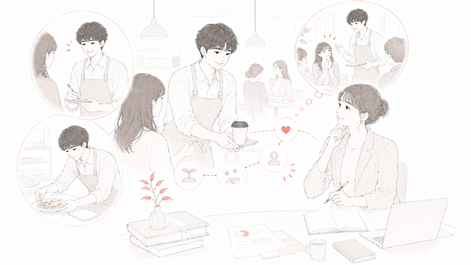 アルバイトで工夫して生き生きと働く学生と、そこから資質を見取る採用担当者のイラスト
