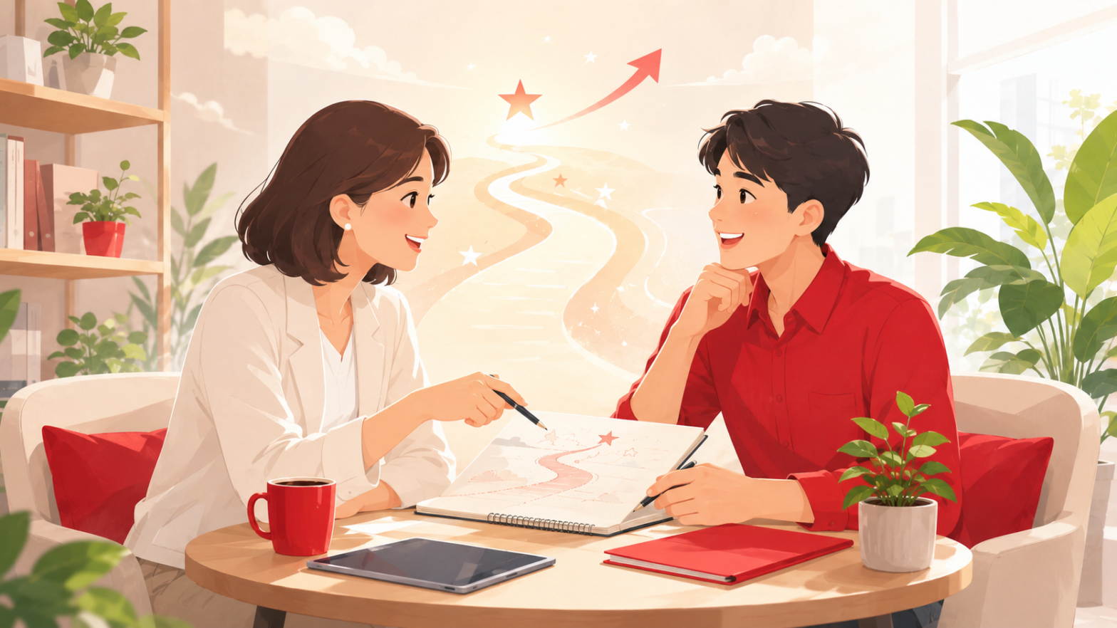 上司と若手が1対1で将来のキャリアビジョンを一緒に描く1on1のイラスト