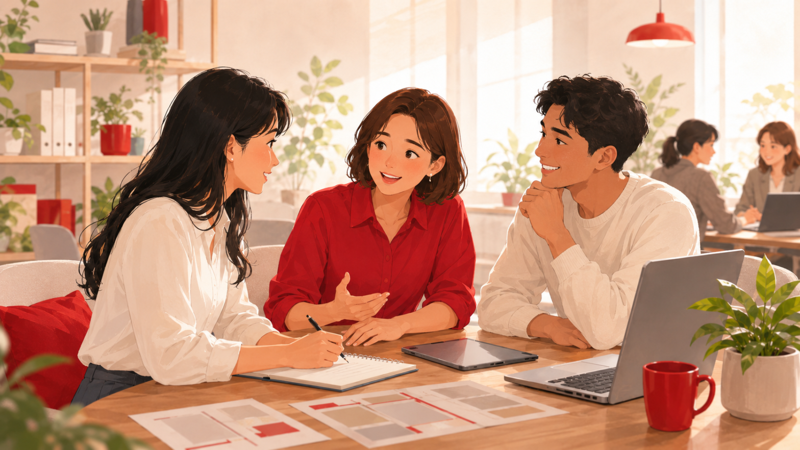 採用担当者が社員に和やかにインタビューし採用コンテンツをつくる場面のイラスト