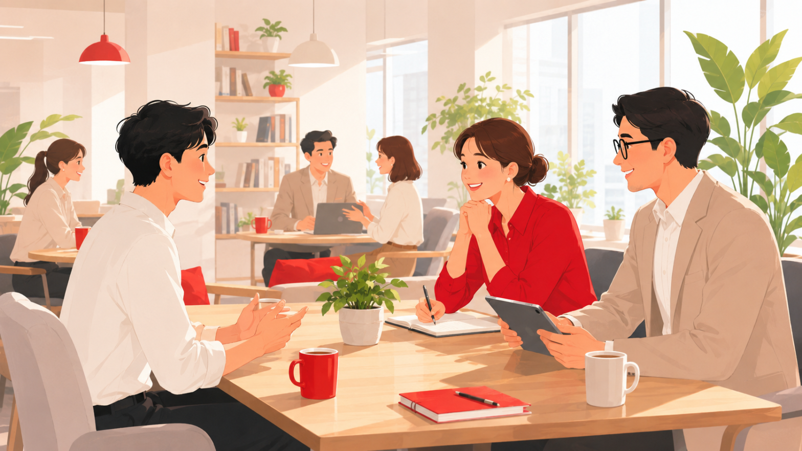 採用担当者が学生の話に熱心に耳を傾ける、傾聴の面談シーンのイラスト