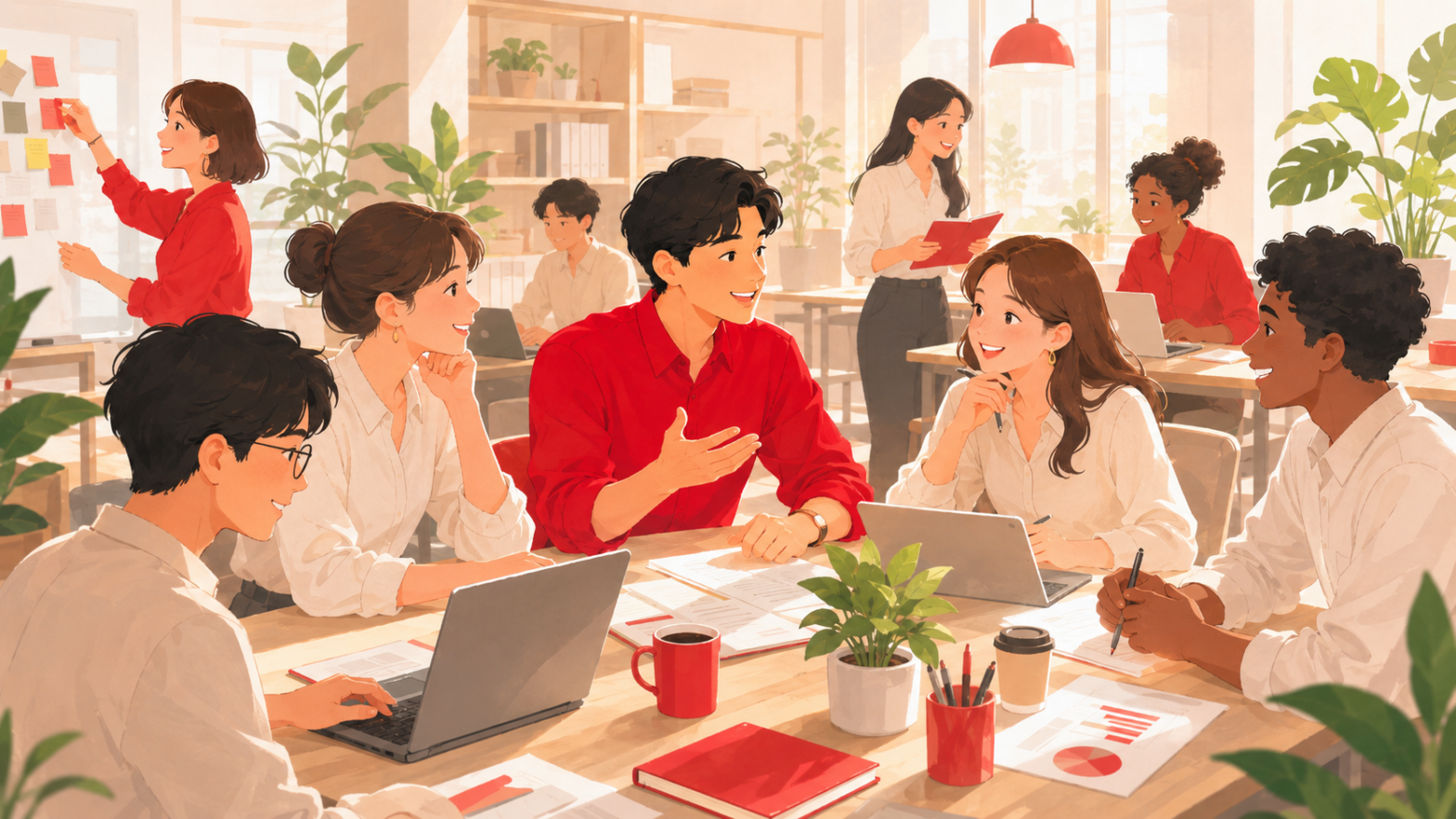 若手社員が活力と熱意でいきいきと協働し、前向きなエネルギーに満ちたオフィスの様子