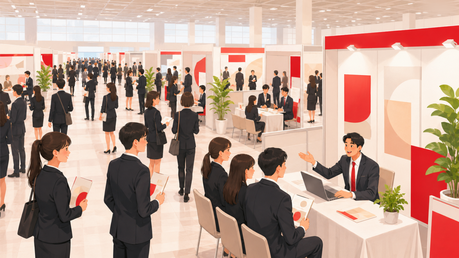 多数のブースが並ぶ合同企業説明会の会場で、採用担当者が学生たちに笑顔で会社の話をしている様子