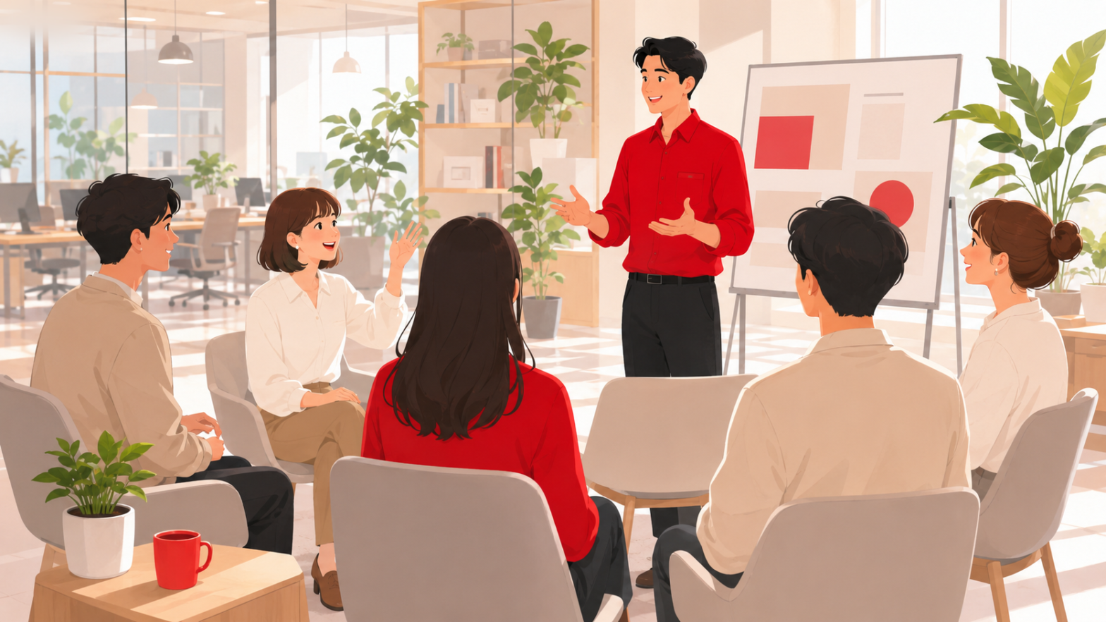 自社で開催する少人数の説明会で、社員が学生の輪に向けて話し、学生が挙手して質問する様子