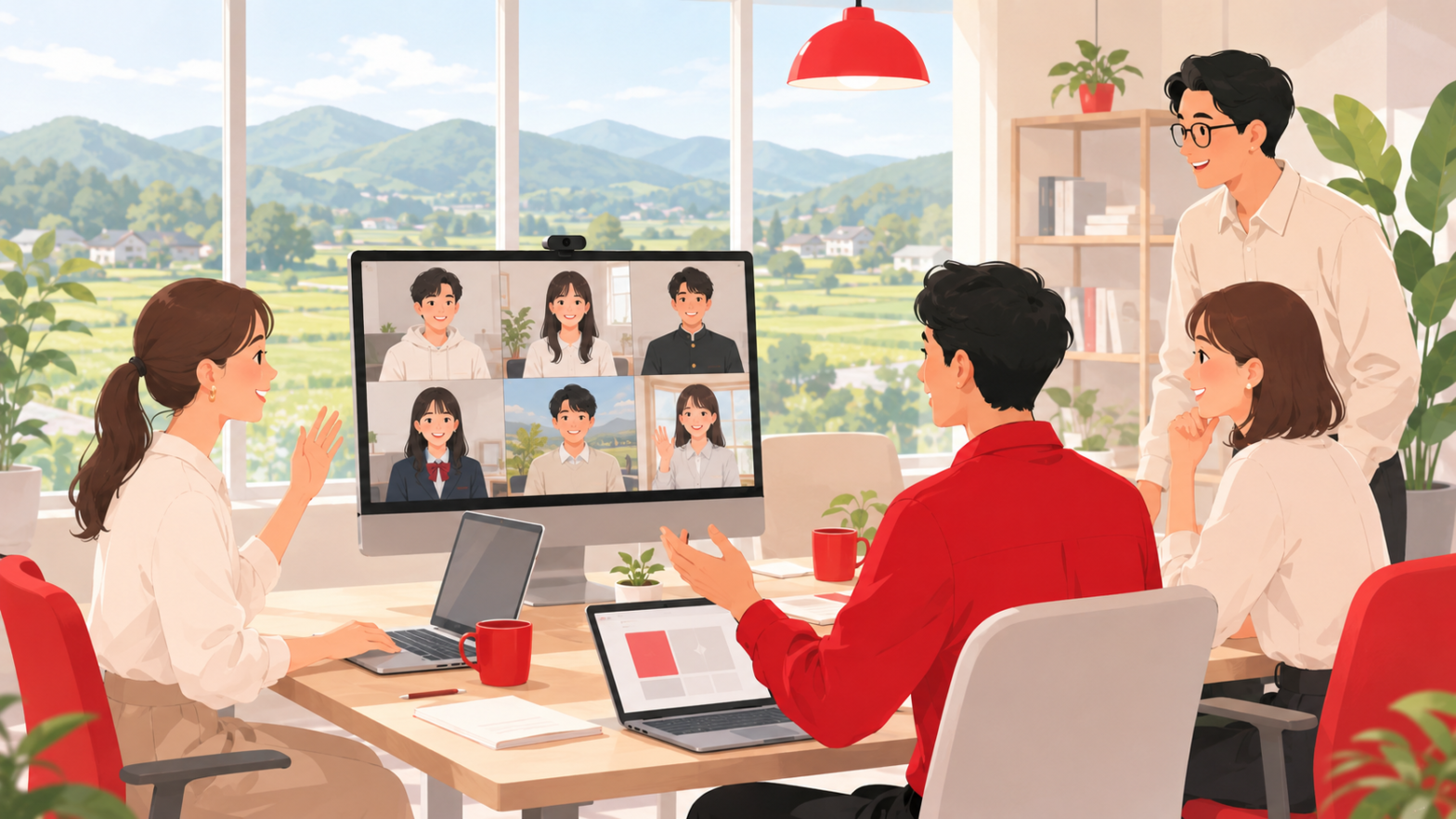 田園風景が広がる地方のオフィスから、採用担当者が画面越しに遠方の学生たちと対話する様子