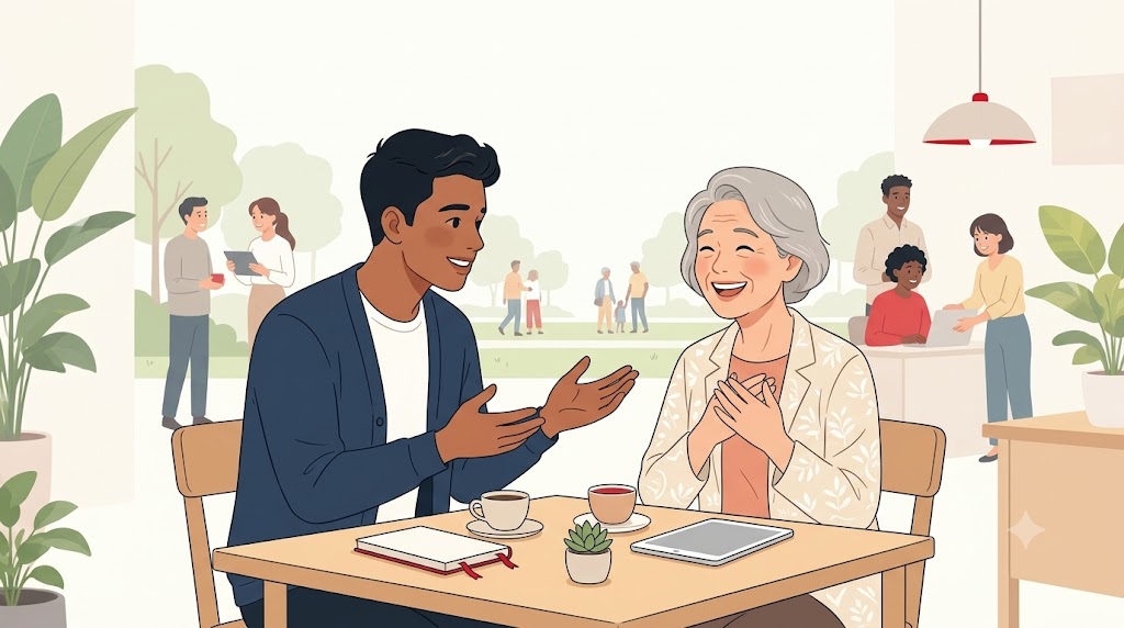 「人の役に立ちたい」という思いを持つ若手社員が相手に寄り添い感謝され喜ばれる、人の役に立つ喜びが伝わるイラスト