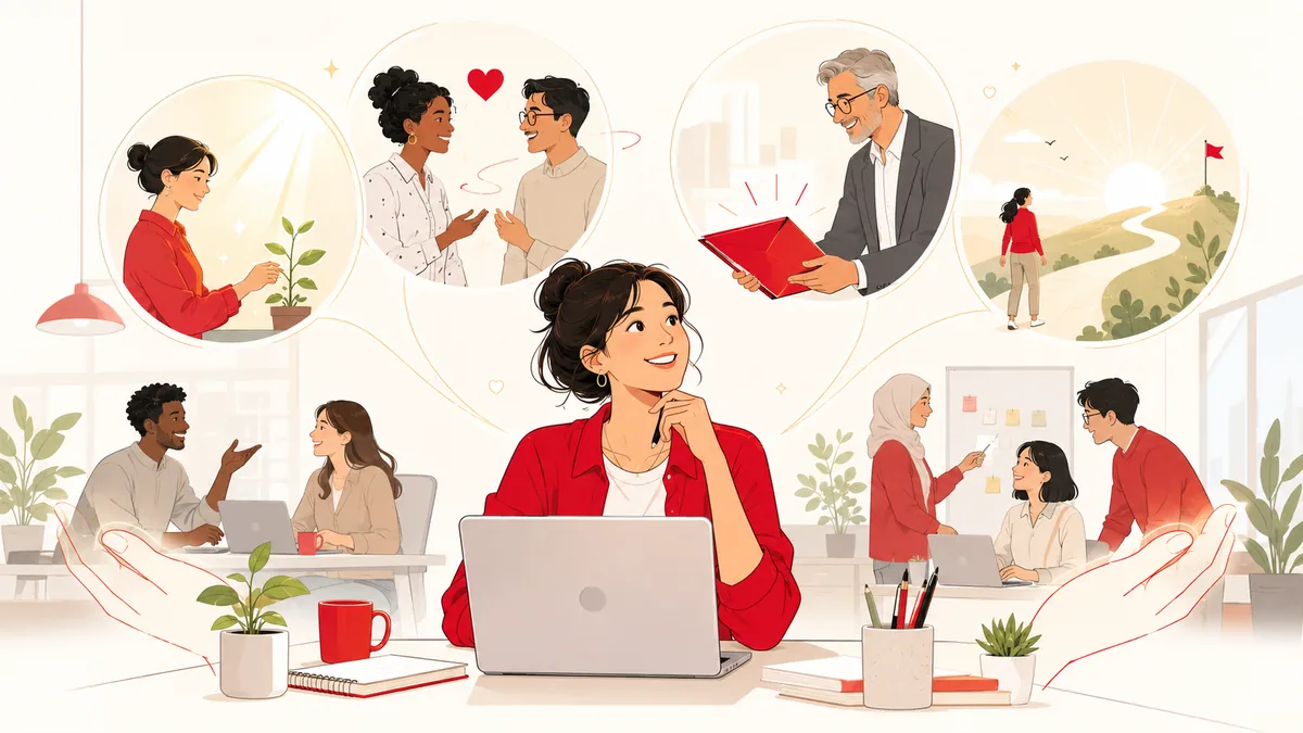 給与以外の見えない報酬を感じて生き生きと働く若手のフラットイラスト