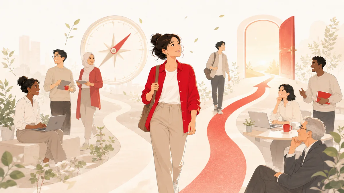 自分でキャリアの道を選び主体的に前へ進む若手のフラットイラスト