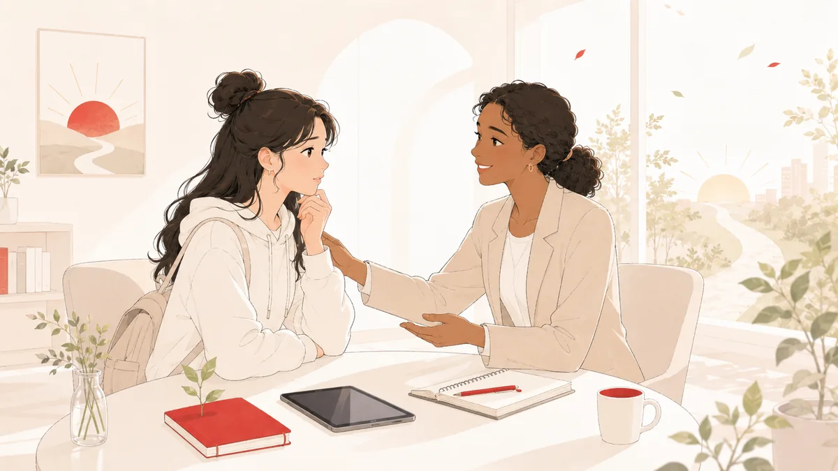 社会人になる不安を抱く学生に採用担当者が寄り添い背中を押すフラットイラスト