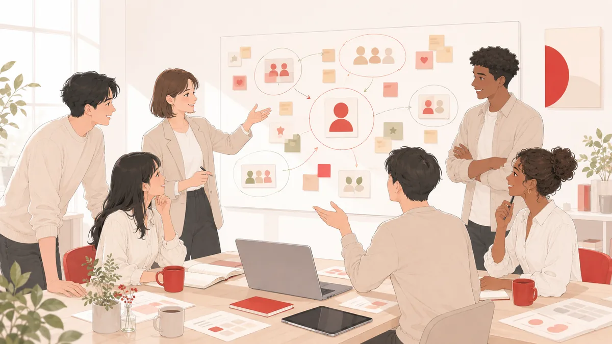 採用チームが求める人物像を一緒に言葉にして揃える打ち合わせのフラットイラスト