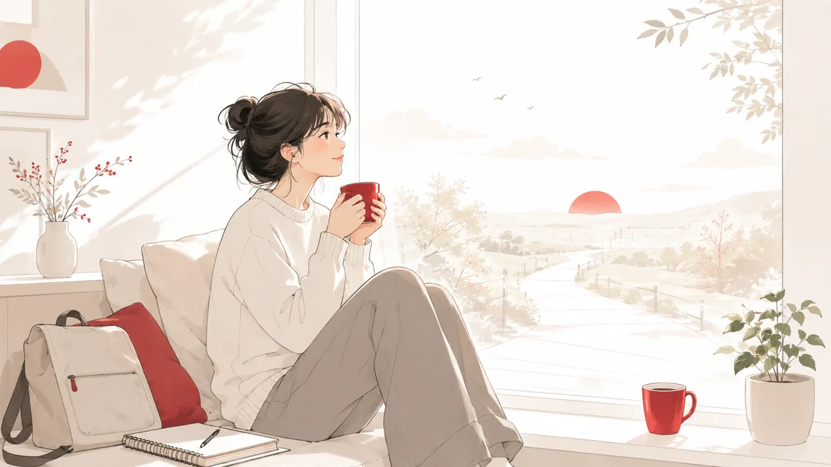就活に疲れた学生が窓辺で一息つきまた前を向くフラットイラスト