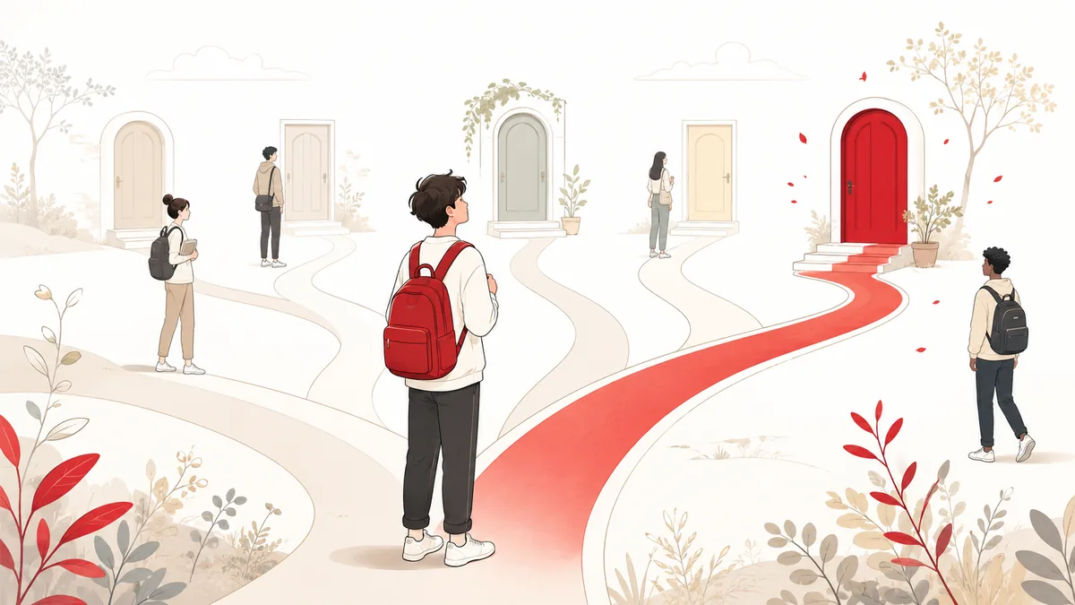 複数の選択肢の前で納得して自分の道を選ぶ学生のフラットイラスト