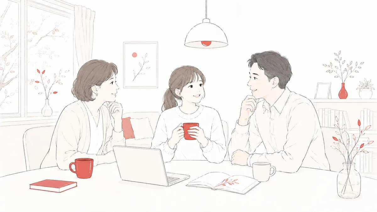 学生が家族と将来について穏やかに話し合い納得を育てるフラットイラスト