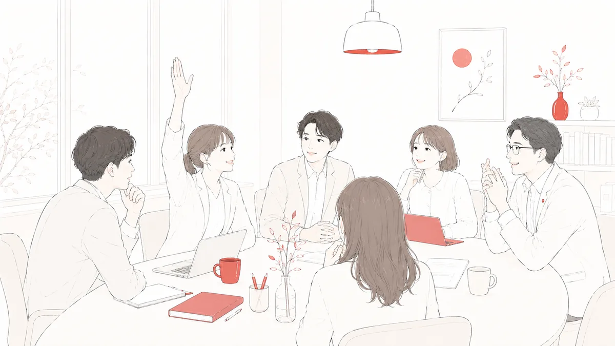 発言しやすい安心できる職場で若手が話し先輩が受け止めるフラットイラスト