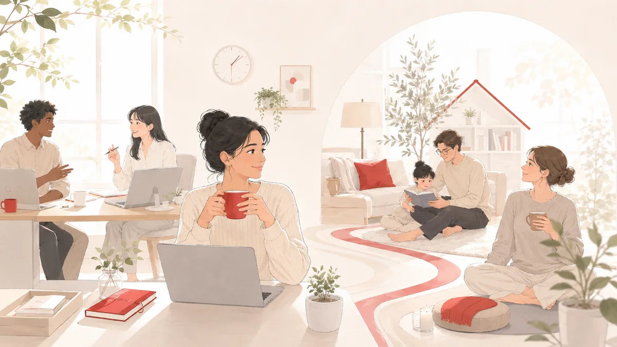 仕事と暮らしのバランスがとれた無理のない働き方のフラットイラスト