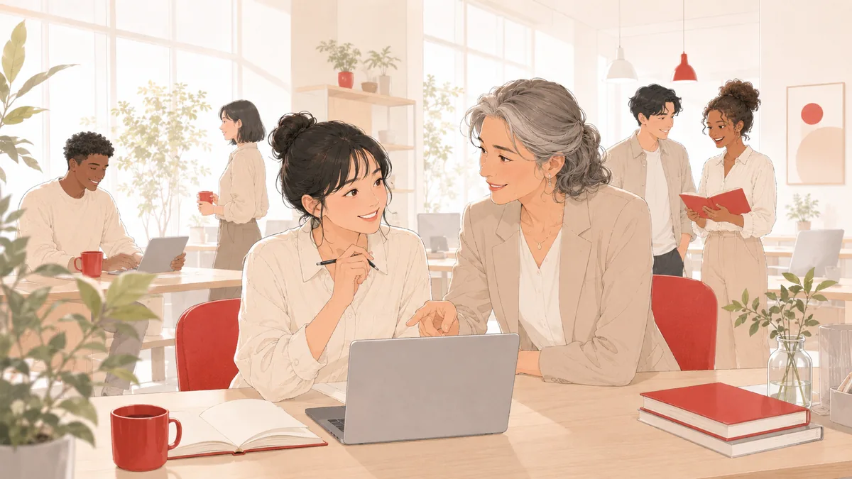 上司や先輩が若手をやさしく見守り支える職場の人間関係のフラットイラスト