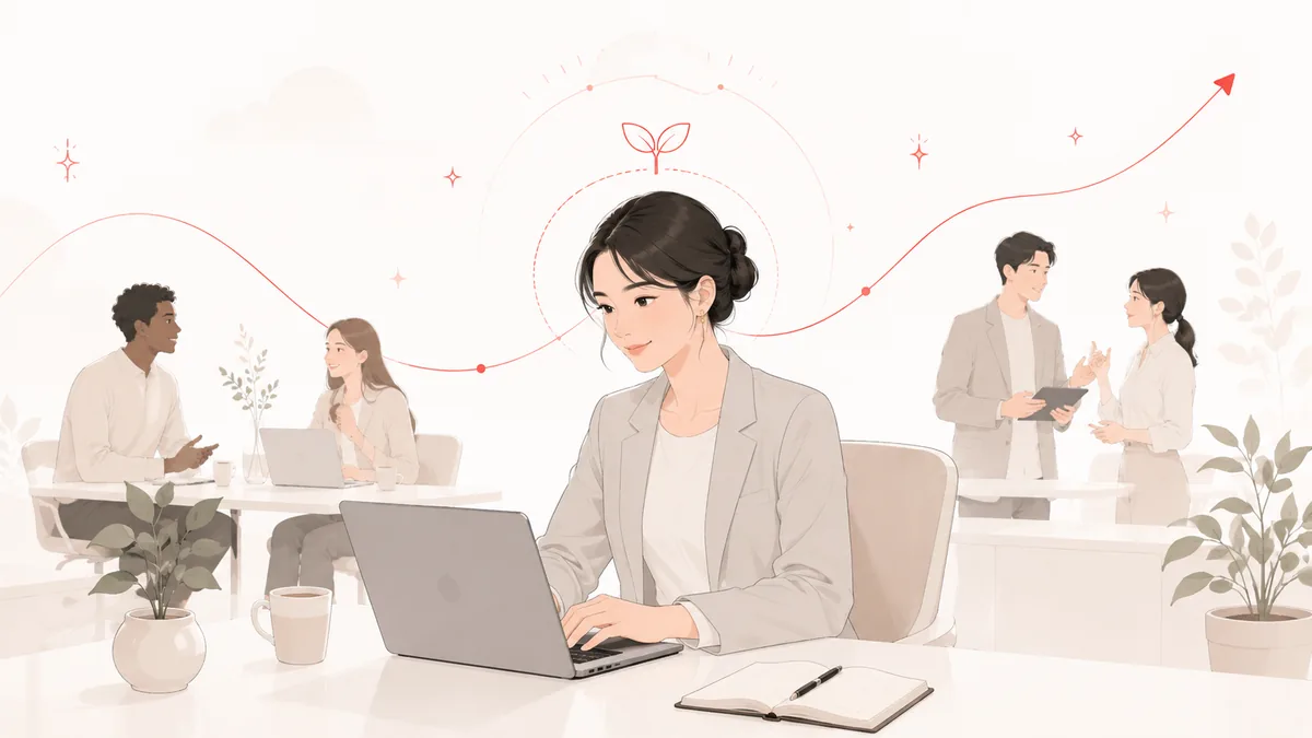 仕事に没頭し成長を実感する若手社員と上向きの成長曲線を象徴したイラスト