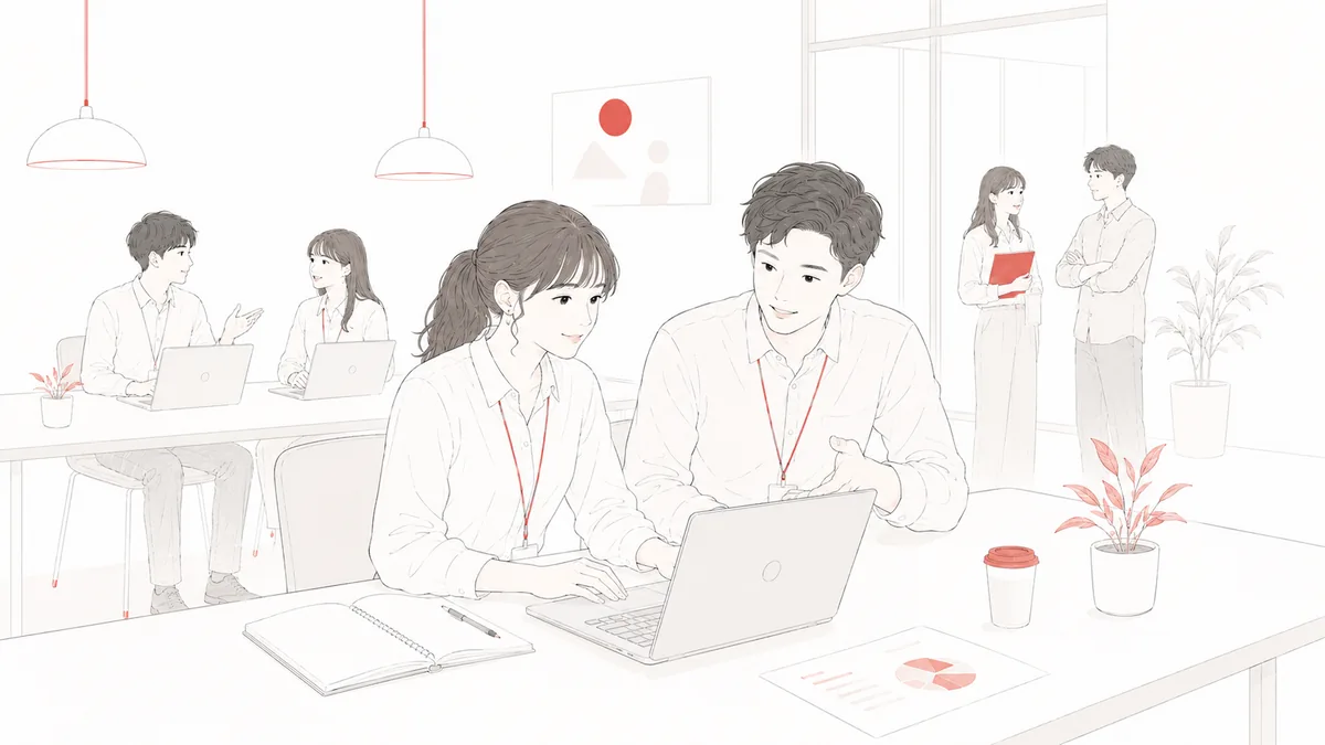 職場で実務を体験する学生に社員があたたかく伴走して教えるインターンのイラスト