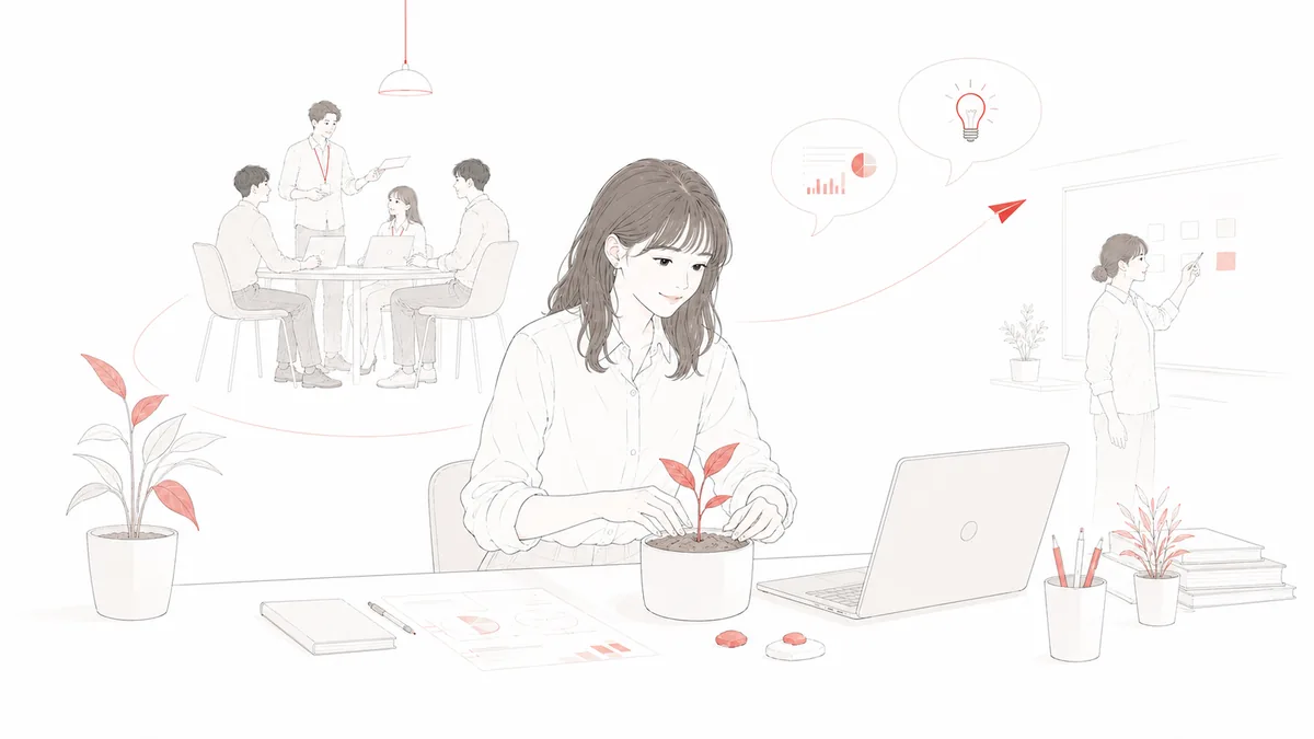 若手社員が自分の仕事を主体的に耕し小さな芽を育てるジョブクラフティングのイラスト