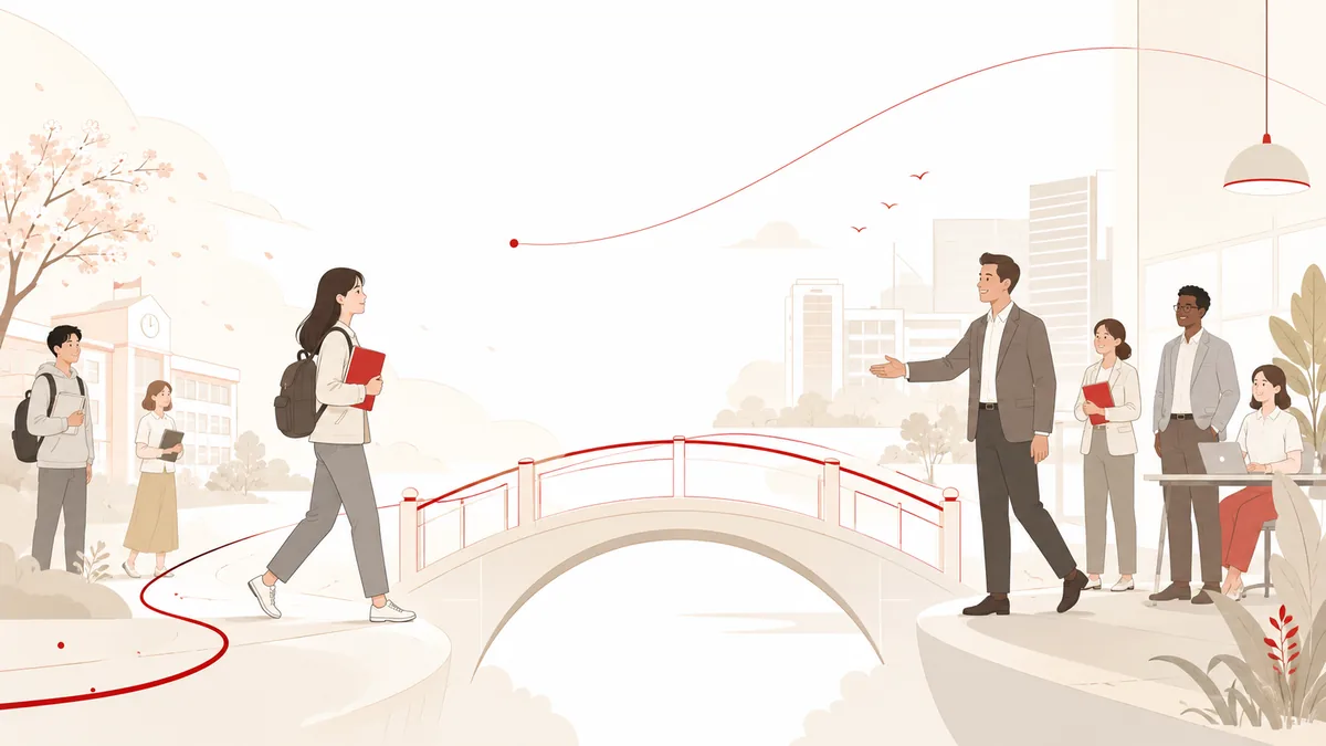 学生から社会人へ橋を渡る新社会人を先輩があたたかく迎える移行支援のイラスト