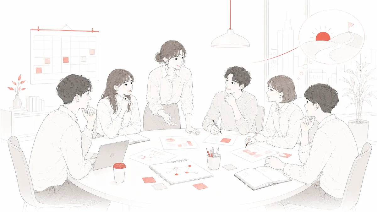 採用チームが1年を振り返りカレンダーや記録をもとに来年へ活かそうと話し合うイラスト