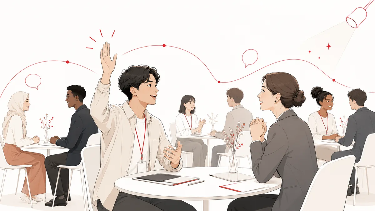 逆求人イベントで学生が自ら手を挙げて企業に思いを伝えるフラットイラスト