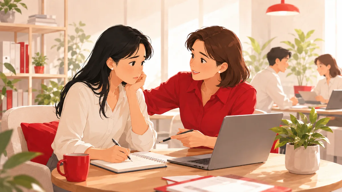 入社1年目の不安に先輩がやさしく寄り添い励ますイラスト