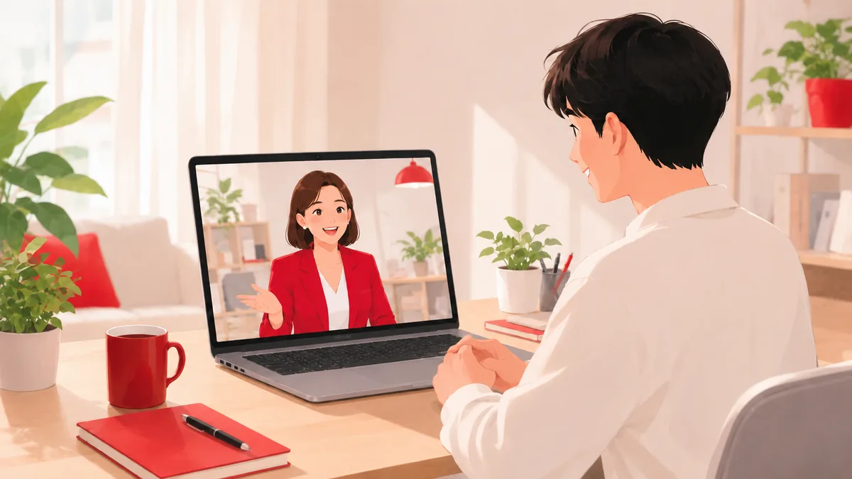 ノートパソコンの画面越しに、採用担当者と学生が笑顔でオンライン面接をしている様子のイラスト