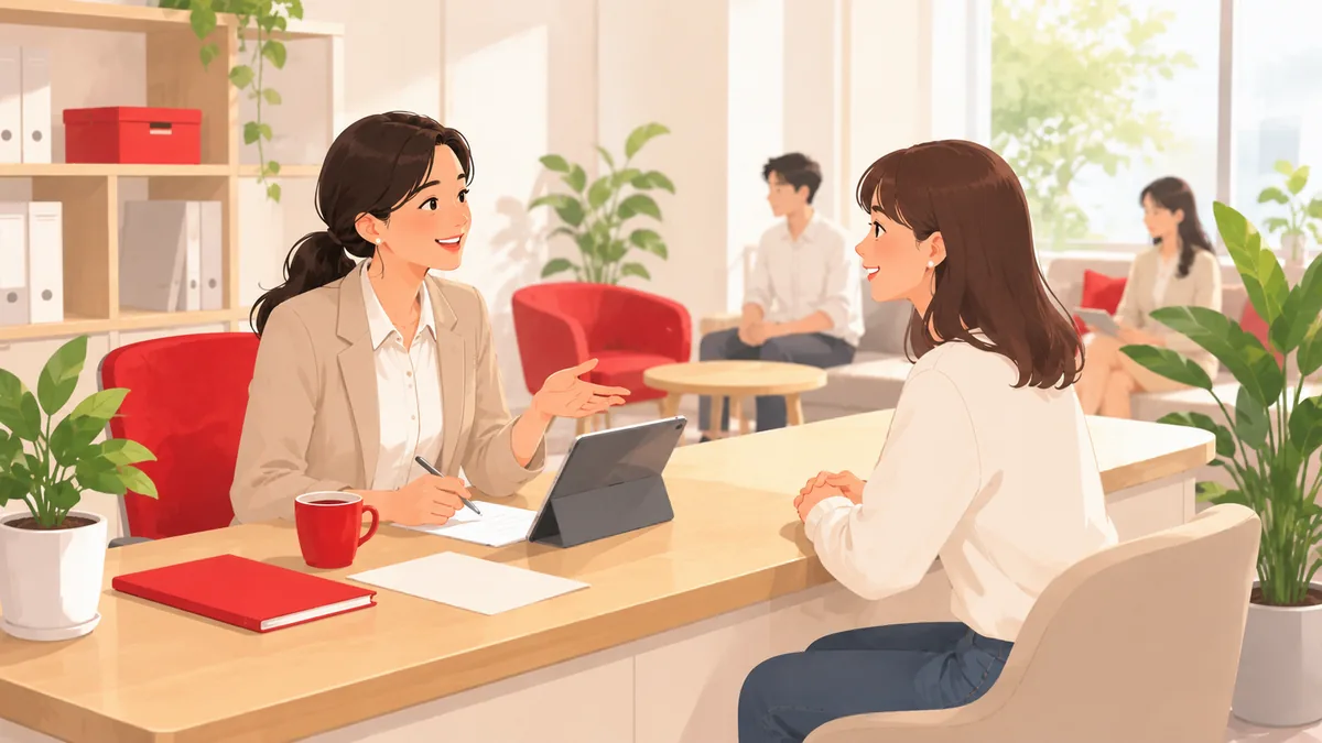 大学のキャリア相談窓口で、相談員に堅実に相談する学生のイラスト