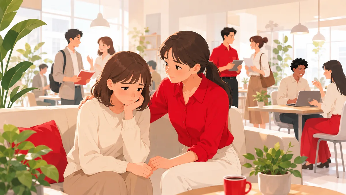 周りの学生と比べて焦りや不安を感じる学生に、そっと寄り添う様子のイラスト