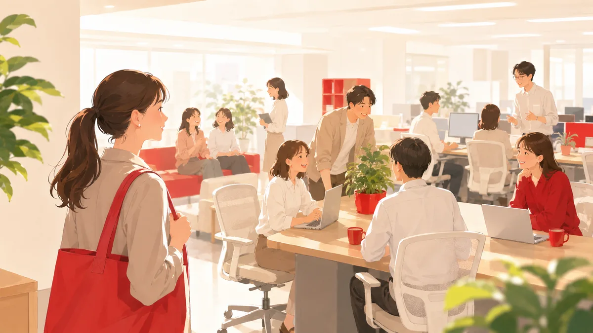 企業の社風や職場の雰囲気が自分に合うかを、オフィスを見て感じ取ろうとする学生のイラスト