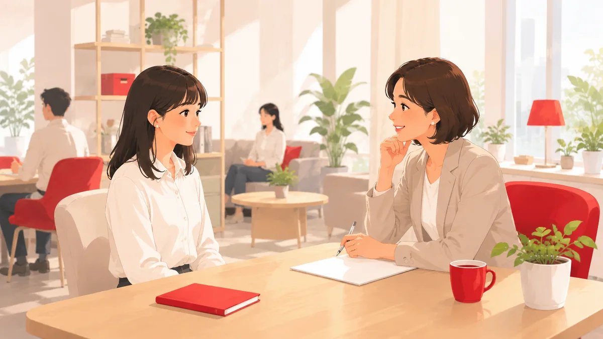 物静かで自己アピールは控えめだが芯のある学生を、採用担当者があたたかく見取る様子のイラスト