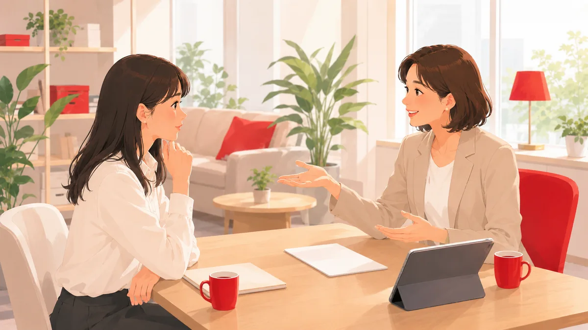 給与や待遇・条件を大切にする学生に、採用担当者が正直に説明する様子のイラスト