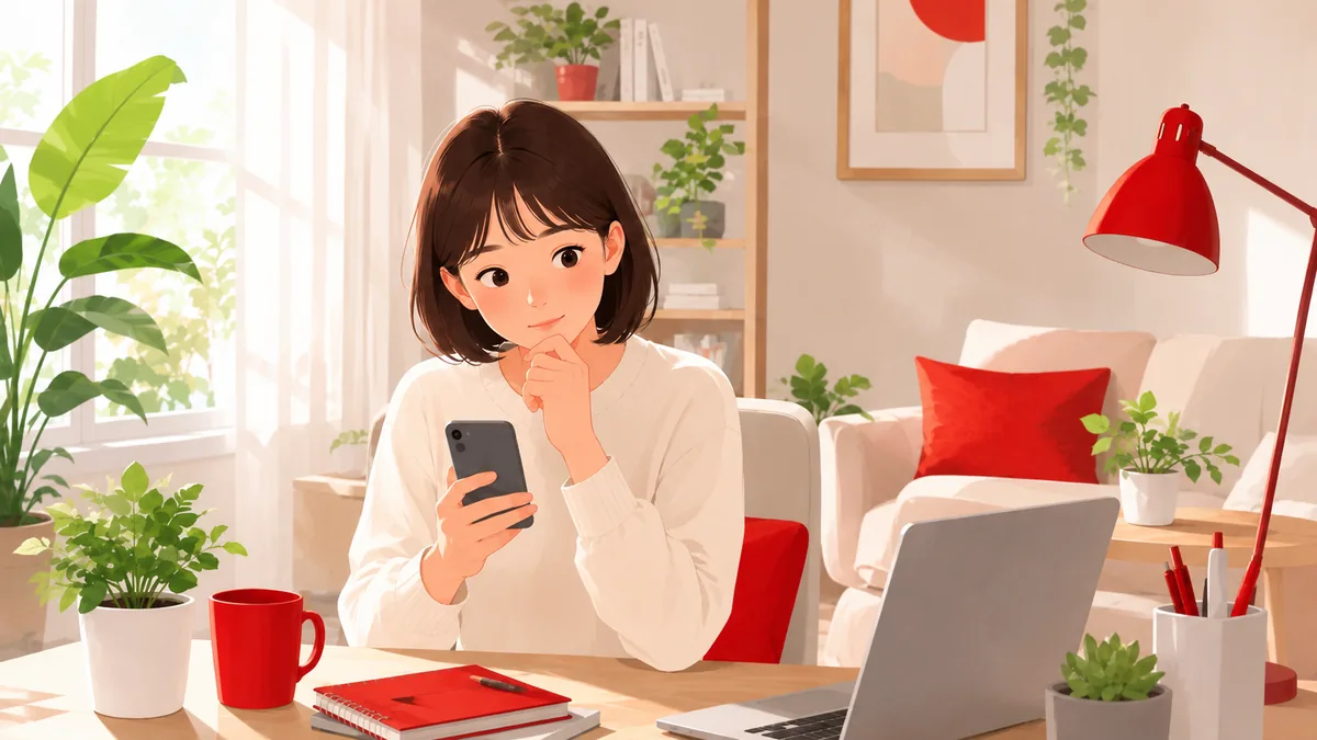 スカウトのメッセージに少し慎重・警戒しながらも前向きに検討する学生のイラスト
