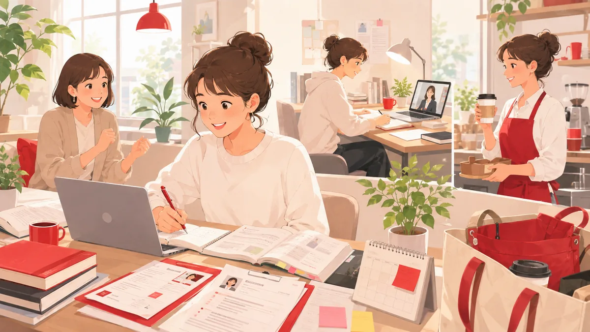 就活と学業・アルバイトの両立に前向きに取り組む学生。机に就活資料と教科書が並ぶ様子