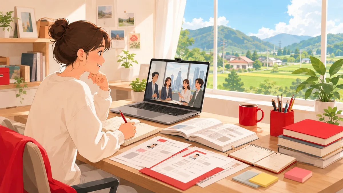 地方在住の学生が自宅からノートPCでオンライン就活し、遠くの都市の企業とつながる様子