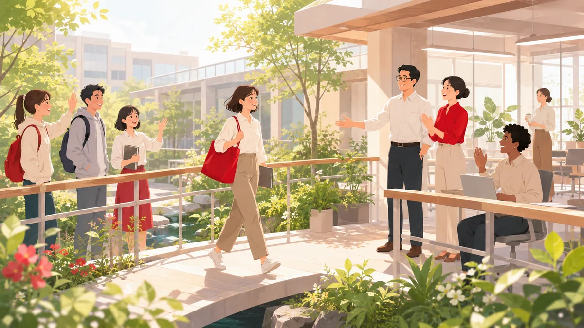 学生から社会人への移行期を、橋を渡る若者と見送り・迎える人々で表した終わりと始まりの様子