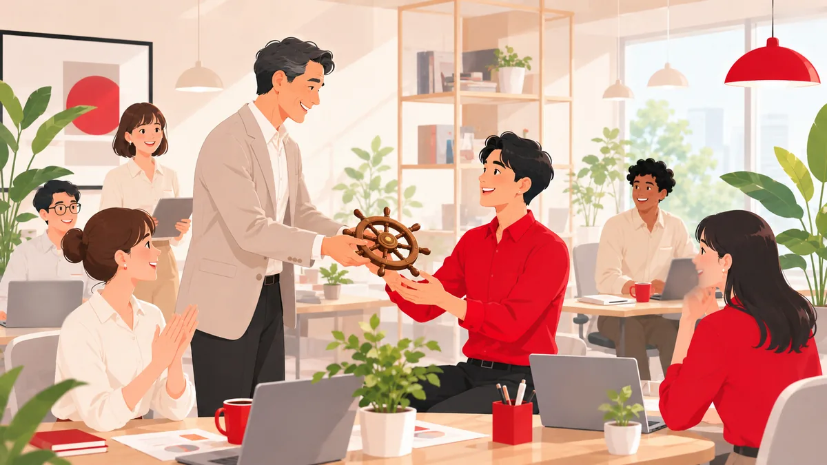 先輩が若手に舵を手渡し、周囲が見守っている様子。任せて支える関係を表現