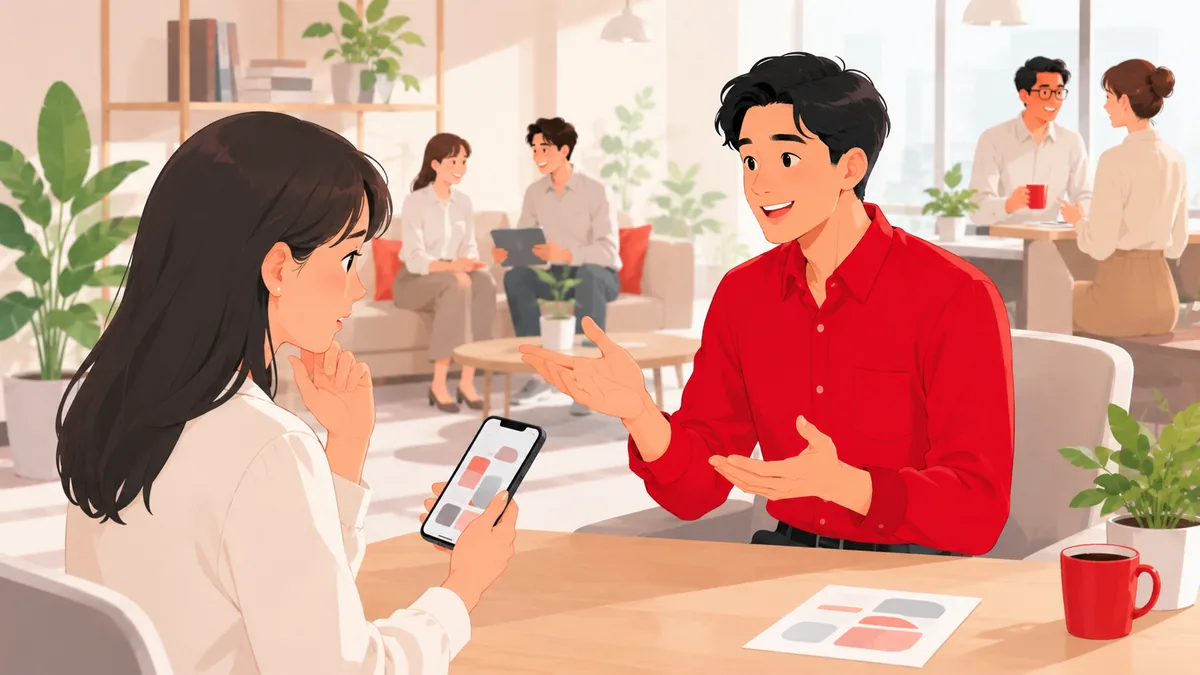 スマートフォンで評判を見て不安そうな学生に、採用担当者が隠さず正直に説明している様子