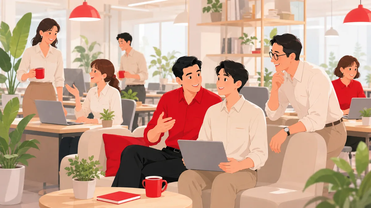 上司と若手が並んで話し、周囲の先輩や同僚も自然に関わっている職場の様子