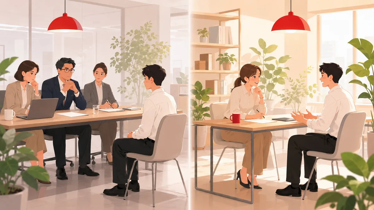 面接官が並ぶ場で身構える学生と、穏やかに問いかけられ話し始める学生を対比した様子