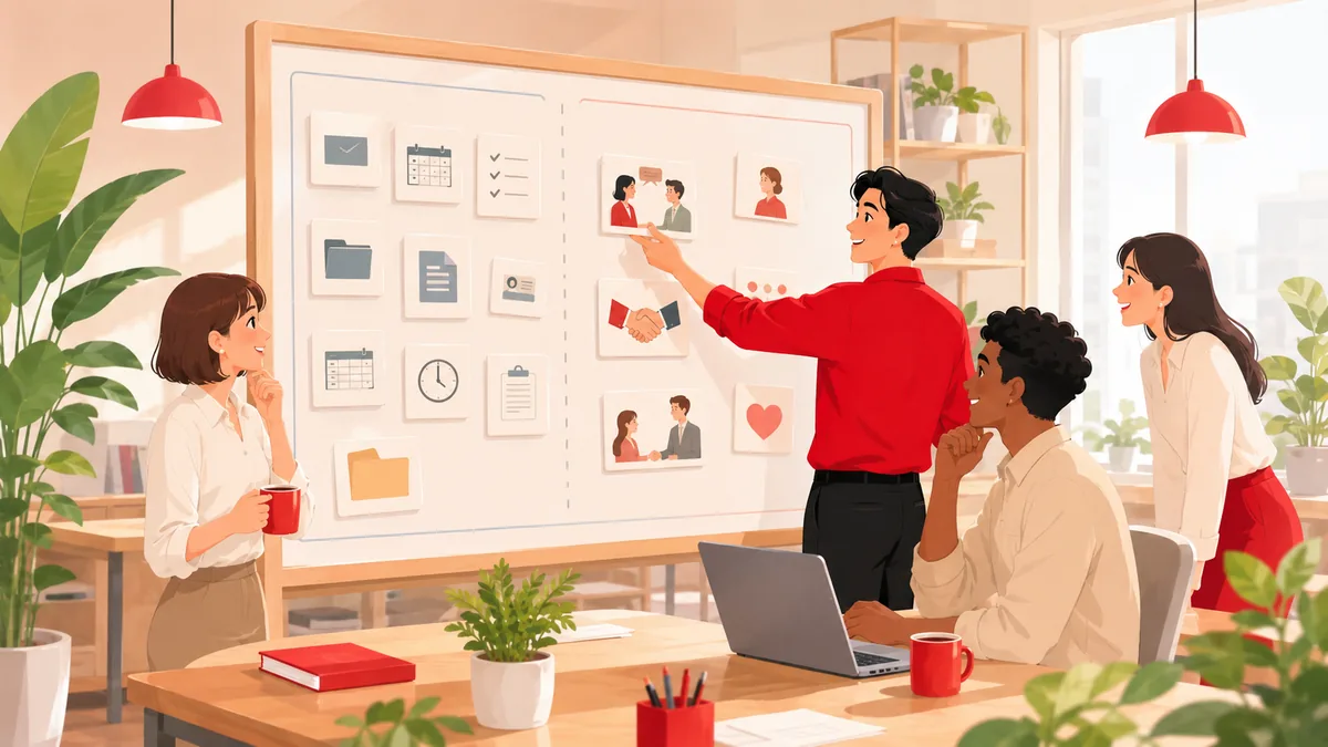 採用担当者がボード上で、外部に任せる事務作業と自社に残す学生と向き合う仕事を仕分けている様子
