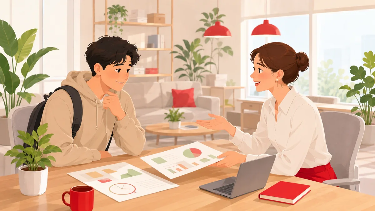 聞きにくい給与や働く時間について、採用担当者の側から資料を差し出して先に説明し、学生がほっとした表情を見せている場面のイラスト