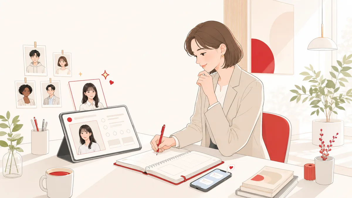 採用担当者が一人の学生のプロフィールを見ながら、その人に向けたスカウトメッセージを丁寧に書いている、一対一の声かけを表すイラスト