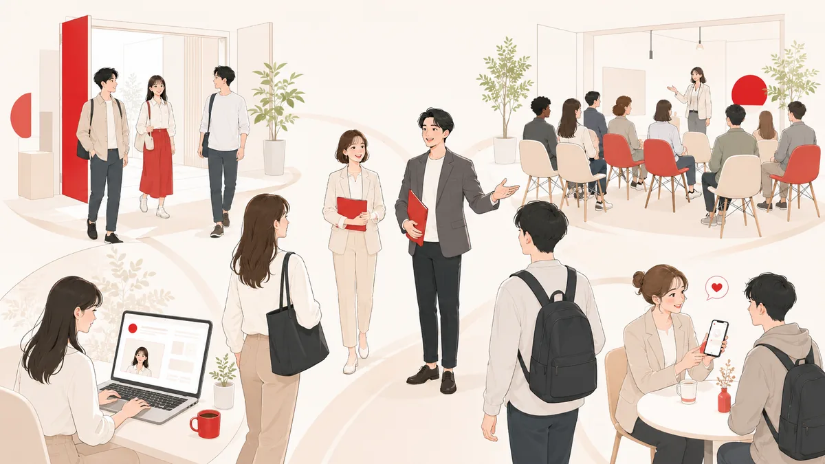 企業の採用担当者を中心に、イベント・説明会・自社サイト・直接の面談など複数の入り口から多様な学生が集まる、自社で母集団を作る様子のイラスト