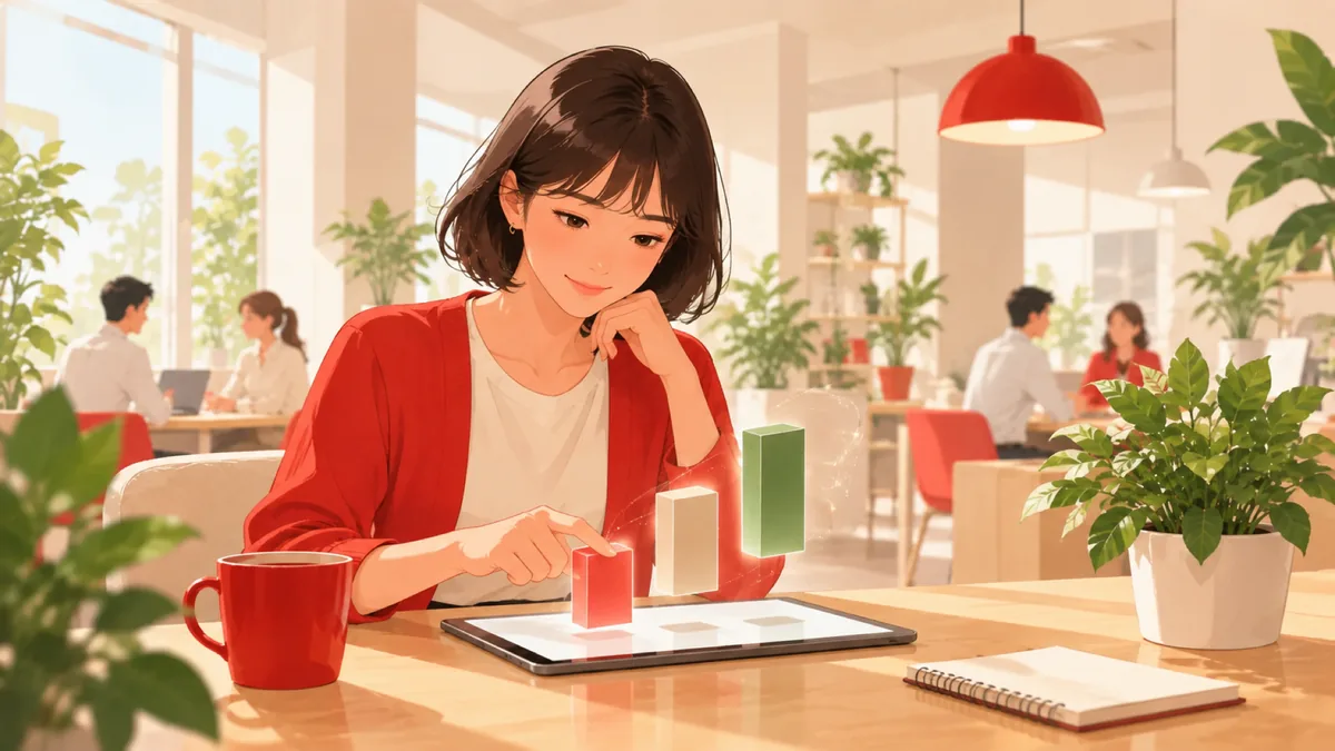 採用担当者の女性が、タブレットの上に浮かぶ赤・ベージュ・緑の3本の棒グラフを指でなぞり、数字を分解して読んでいる様子。