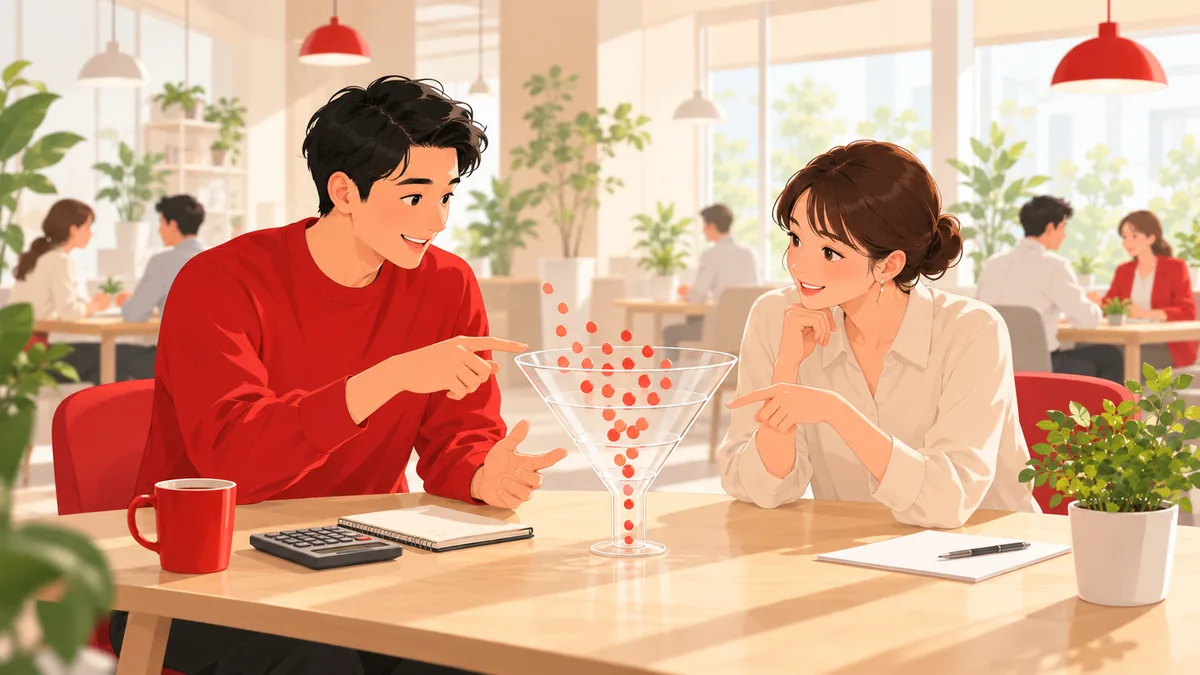 採用チームの二人が、透明なじょうごの模型で赤い小さな丸が絞られていく様子を指さし、成果の見方を話し合っている様子。
