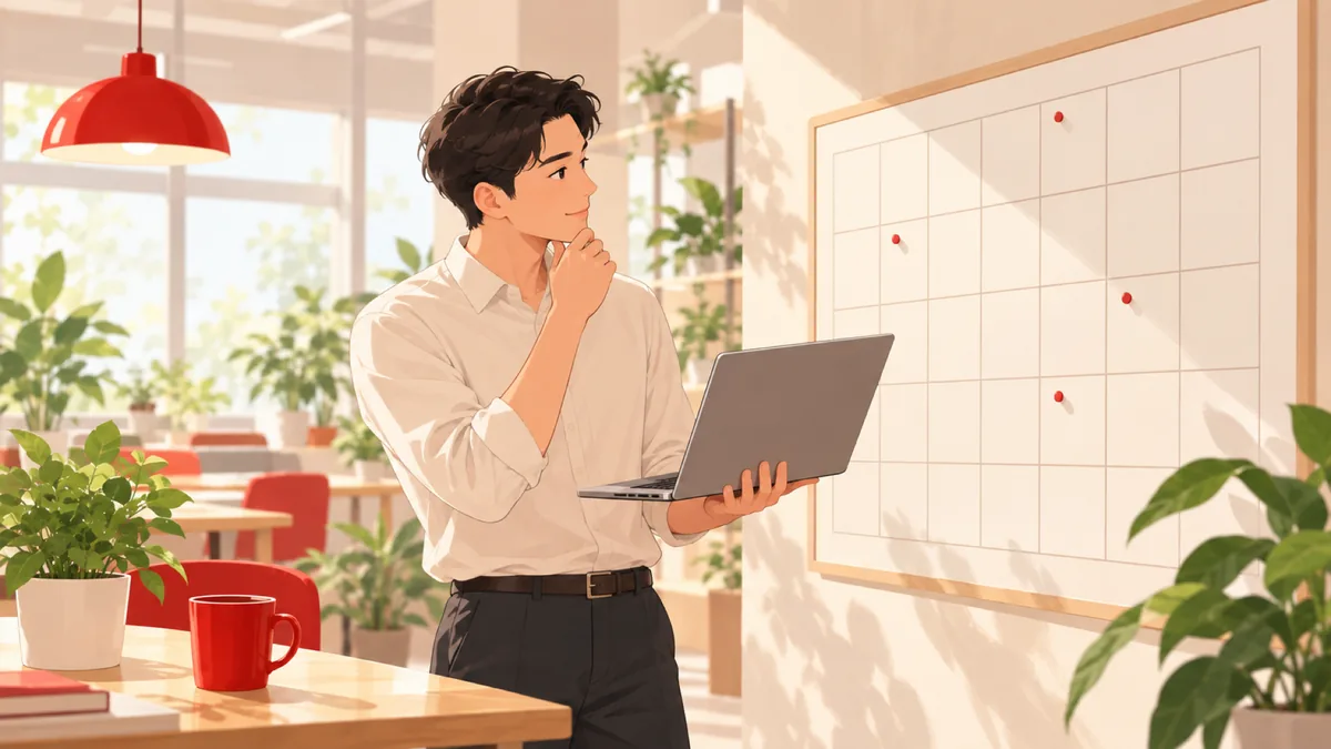 採用担当者の男性が、赤いピンの刺さった壁掛けカレンダーを見ながら、ノートPCを手に出展の回数と時期を考えている様子。