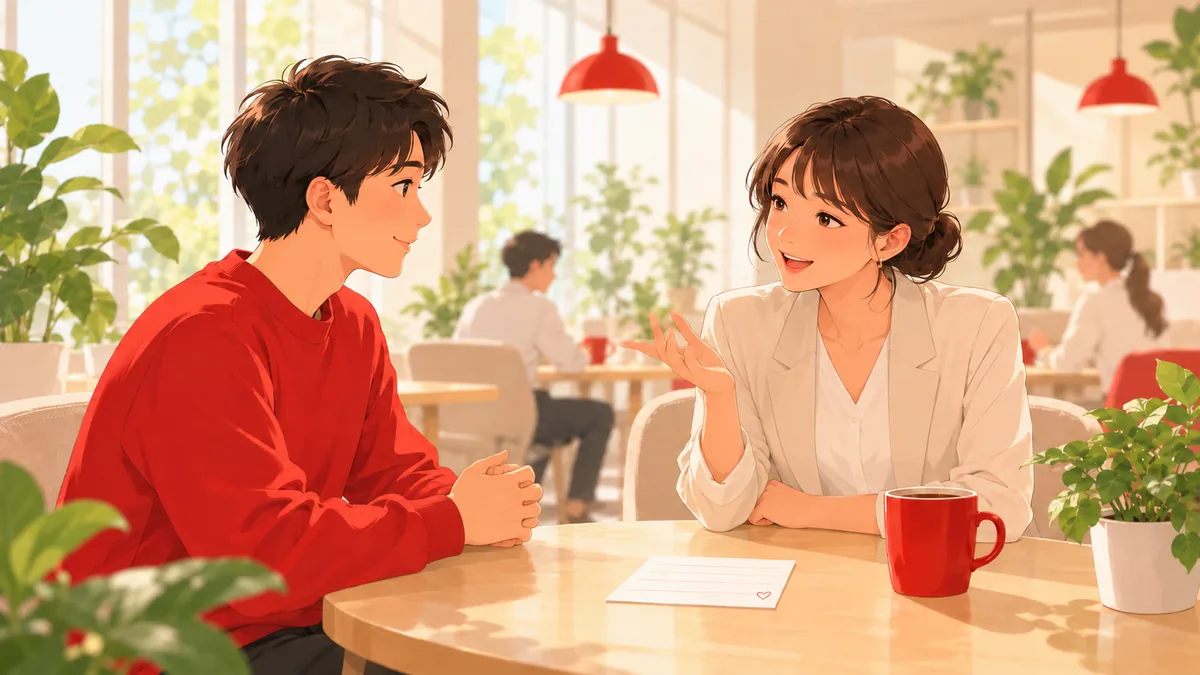 カフェのようなテーブルで、採用担当者の女性が内定者の若い男性と笑顔で話している様子。